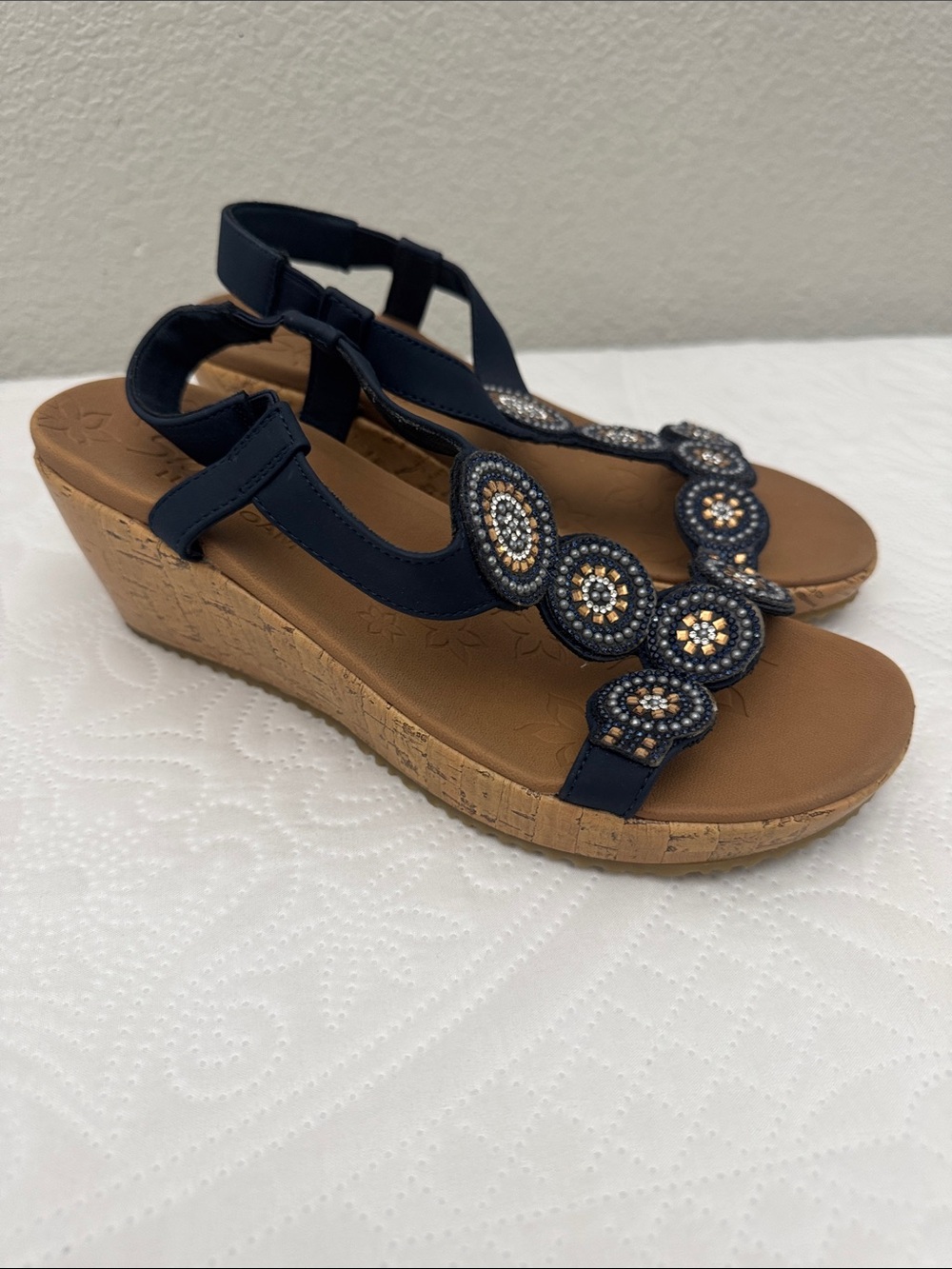 Skechers Beverlee Date Glam Navy Blue Beaded Wedge Comfort Sandals Size 8 - Picture 10 of 10
